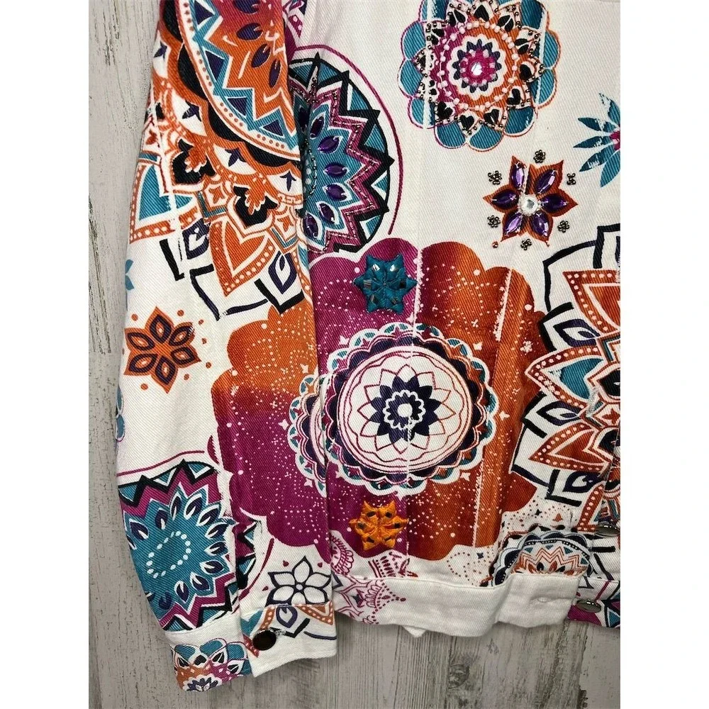 Boston Proper Womens White Mandala Embellished Denim Jacket Size S Boho Beaded - Picture 4 of 16